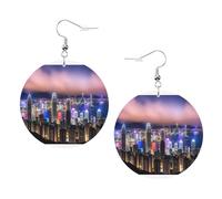 Hong Kong Boucles d'oreilles pendantes rondes en cuir PVC imprimé double face avec crochets plaqués argent 925, taille unique, argent sterling, pierre d'or, One Size, Argent sterling, goldstone