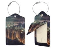 Hong Kong Lot de 4 étiquettes de bagage en cuir synthétique avec dos intégral pour bagages, étiquettes personnalisées pour sacs, étiquettes de valise avec boucle en métal, noir