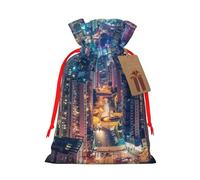 Hong Kong Sacs de Noël réutilisables avec cordon de serrage imprimés pour fête de Noël, emballage cadeau de Noël, ruban rouge, taille M