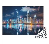 Hong Kong Skyline Puzzle for Adultees 1000Pièces Recyclable Night View Senior Puzzles Impossible Difficile Difficile Stimulant Soulager Démence Sénile Activité 38x26cm/1000pcs