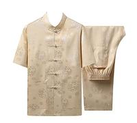 HONGBI Hommes léger Style Chinois Col Montant Manches Courtes Chemise Traditionnelle Tang boutonné Kung Fu Tai Chi Uniforme Tenue et Pantalon Tangzhuang Chine vêtements Jaune L