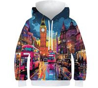 HONGBING Sweat À Capuche pour Enfants Impression 3D Ville de Londres Graphique Sweat Poche PulAmourr À Capuche pour Longues Sweat-Shirt avec Poches Âge : 6-15 Ans10-12Y