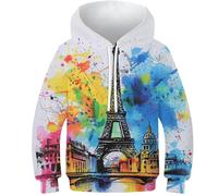 HONGBING Sweat À Capuche pour Enfants Tour Eiffel 3D Imprimé Hoodies Costume À Manches Longues Longues Sweat-Shirt avec Poches 6-15 Ans7-9Y