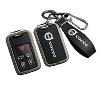 HONGDaFA Étui de Clé Voiture en Cuir pour Volvo Xc60 Recharge 2018-2023, Pochette Étanche Anti-Rayures avec Crochet Métallique,Black- Black Lanyard