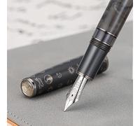 Hongdian N7 Stylo plume à piston en résine grise avec capuchon lapin, pointe moyenne iridium stylo d'écriture lisse avec boîte en métal