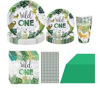 Hongfago Lot de 91 accessoires de fête d'anniversaire Wild One jetable avec assiettes en papier, gobelets, serviettes, nappe, pour décoration de premier anniversaire
