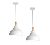 Hongho Suspension Luminaire Vintage Métal Lustre Industriel Lampes E27 Corde Ajustable Abat-jour Bois Aluminium pour Salon Cuisine Restaurant Salle à manger Chambre (Blanc 2pcs)