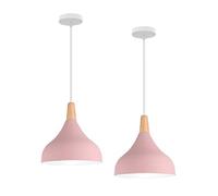 Hongho Suspension Luminaire Vintage Métal Lustre Industriel Lampes E27 Corde Ajustable Abat-jour Bois Aluminium pour Salon Cuisine Restaurant Salle à manger Chambre (Rose 2pcs)