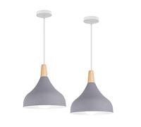 Hongho Suspension Luminaire Vintage Métal Lustre Industriel Lampes E27 Corde Ajustable Abat-jour Bois Aluminium pour Salon Cuisine Restaurant Salle à manger Chambre (Gris 2pcs)