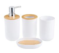 HonGien Ensemble D'accessoires de Salle de Bains, 4 Accessoire Salle de Bain Bambou, Set de Salle de Bain avec Porte-Brosse à Dents, Gobelet pour Bain de Bouche, Flacon de Lotion et Porte-Savon