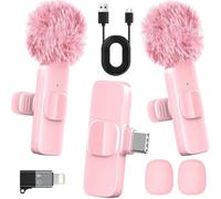 HONGJIEYUAN Micro cravate sans fil rose pour iPhone et Android - Mini micro à clipser avec suppression du bruit, portée de 20 m, batterie 8H, USB-C/Lightning - pour TikTok, YouTube, Podcast, diffusion