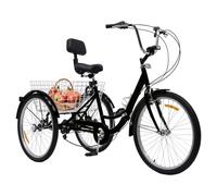 HongKKon Tricycle 24 pouces pour adultes, pliable, en acier au carbone, 3 roues, 7 vitesses, avec porte-abreuvoir et lumières LED, siège réglable, convient pour une utilisation adulte (noir)