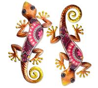 HONGLAND Lot de 2 décorations murales d'extérieur en métal - Lézard - Sculpture en verre pour jardin, cour, terrasse, clôture (rouge)