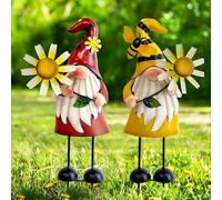 HONGLAND Lot de 2 Nains de Jardin en métal, Statue de Nain en métal, décorations de Nain de Jardin, Sculpture Artistique d'abeille et Coccinelle, décoration de Noël pour pelouse, terrasse, Cour