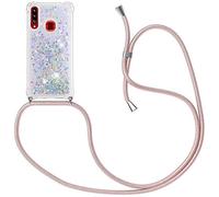 HongMan Collier Coque pour Samsung Galaxy A20s - Mode Tour de Cou Telephone Étui Paillettes Quicksands Liquide Glitter Cover, Housse pour Smartphone Lanyard Transparente Case
