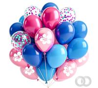 Hongplus Ballons Luau Hibiscus bleus et roses en latex imprimés fleurs tropicales Aloha Ballons confettis et ruban pour l'été, la plage, un anniversaire, une fête hawaïenne, un bar, une fête