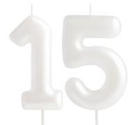 Hongplus Bougie blanche macaron en forme de chiffre 15 - Bougies d'anniversaire pour 15 ans - Bougies d'anniversaire blanches pour filles et femmes - Décoration de fête d'anniversaire pastel douce