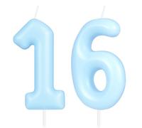 Hongplus Bougie d'anniversaire en forme de chiffre 16 - Bleu macaron - Bougies d'anniversaire pour 16 ans - Décorations de gâteau pour filles et garçons