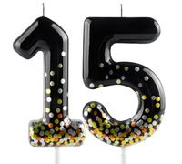 Hongplus Bougies d'anniversaire en forme de chiffre 15 à confettis noirs et dorés - Bougies pour gâteau d'anniversaire - Bougies pour décoration de gâteau d'anniversaire de mariage pour filles et
