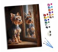 HONGPZH Peinture par numéros par numéros pour adultes Peinture par numéros Kits sur toile avec pinceaux pour décoration murale de la maison 40 x 50 cm Avec cadre Un chiot se regarde dans le miroir