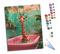 HONGPZH Peinture par Numéros pour Adulte DIY Numero Adulte Débutants 40x50cm Numéro Kit Peinture par Décoration Murale et Cadeaux Pour La Maison Girafe se prélassant dans une baignoire rose