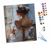 HONGPZH Peinture par numéros pour adultes à l'huile à la main débutants colorées Peinture par Numéros pour la Décoration de la Maison 40x50cm Sans CadreVue de dos de la fille près de la fenêtre