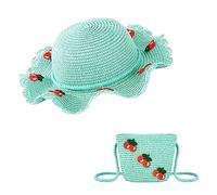 HONGXIN-SHOP Chapeaux de Paille et Petit Sac Filles Chapeau de Soleil avec Décoration Cerise Bonnet de Soleil Paille Chapeau d'été pour Plage Voyage Randonée 3-7 Ans (Vert/S)