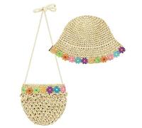 HONGXIN-SHOP Chapeaux de Paille et Petit Sac Filles Chapeau de Soleil avec Décoration Marguerite Pliable Bonnet de Soleil Paille Chapeau d'été pour Plage Voyage Randonée 2-4 Ans, Beige