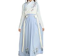 HongYa Hanfu Femme Danse Folklorique Chinoise Costumes Oriental Asiatique Dynastie Ming fée Princesse Photographie Spectacle de scène Robe pour Les Femmes,Chemisier Blanc et Jupe Bleue,S