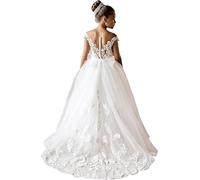 Hongyangjing Robe de princesse en tulle pour mariage campagnard avec train et dentelle, ivoire, 10-11 ans