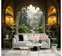 HongYouQi Papier peint 3D Forêt Château Cascade Fougères | Textures Décoratives et Luxueuses Idéales Pour Les Bureaux Espaces de Travail Maisons Chambres Salons et Murs Tv-150cm×105cm
