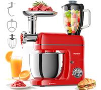 HONINST Robot pâtissier multifonction 7-en-1, 6,5 qt, 8 vitesses, tête inclinable, mixeur alimentaire électrique avec hachoir à viande, mixeur à jus, crochet pétrisseur, batteur, fouet, bol pour la pl
