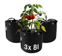 honju Growbag - Sac de plantation 8l, Pot pour tomate (pack de 3) (Sacs à plantes en tissu avec trous renforcés pour l'attacher, Meilleure croissance des racines, Évite l'humidité stagnante)