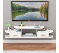 HONKERW Meuble Tele Floating TV Stand Wall Mounted Entertainment Center Large Storage with Sliding Tabletop Open Shelves Industriel(Wit,140cm)