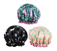 HONMEET 3pièces Bonnet Élastique Satin Pour Bain Capuchons De Pour De Cheveux De Bonnets Numériques à Imprimé Cactus De Palmier Et Licorne