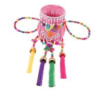 HONMEET Panier à Dos Garçon et Filles Tressé Petit Taille en Plastique Style Ethnique Pompons Corbeille Polyvalente pour Rangement et Pique-niques Usage Extérieur Printemps