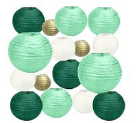 HONMOK 16pcs Lanternes Chinoises en Papier Kit Lanterne Boule Verte Blanche Or Décoration Ronde à Suspendre pour Mariage Anniversaire Fête Prénatale (4"/6"/8"/10" de Diamètre) (Vert)