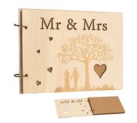 HONMOK 1pcs Livre d'Or de Mariage en Bois Album Mr & Mrs Personnalisé Motif Coeur Livre d'Invité Message Fiançailles Décoration Fête Réception Mariage (40 feuilles)