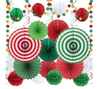 HONMOK 27pcs Noël Décorations d'éventail en Papier Pompoms Fleurs Boule Nid d'abeille Banderole Ronde Tourbillon pour Fête Eventails à Suspendre pour Fiesta Mexicain Carnaval