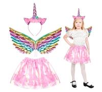 HONMOK 3pcs Déguisement de Licorne pour Fille Costume Princesse inclut Serre-tête/Ailes/Robe Tutu Enfant Déguisement Rose pour Fête Anniversaire Carnaval Halloween Ensemble Cosplay à Thème(3 à 8 ans)