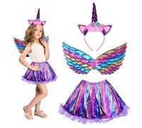 HONMOK 3pcs Déguisement Licorne pour Enfant Costume Princesse Licorne Fille inclut Robe Tutu/Bandeau Licorne/Ailes Ensemble Colorées Déguisement pour Fête Anniversaire Carnaval Halloween(Bleu Coloré)