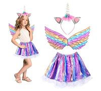 HONMOK 3pcs Déguisement Licorne pour Enfant Costume Princesse Licorne Fille inclut Robe Tutu/Bandeau Licorne/Ailes Ensemble Colorées Déguisement pour Fête Anniversaire Carnaval Halloween (Macaron)