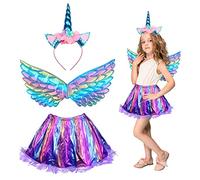 HONMOK 3pcs Déguisement Licorne pour Enfant Costume Princesse Licorne Fille inclut Robe Tutu/Bandeau Licorne/Ailes Ensemble Coloré Déguisement pour Fête Anniversaire Carnaval Halloween(Violet Coloré)
