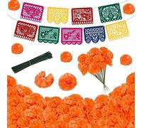 HONMOK Lot de 60 fleurs de souci artificielles avec tiges et bannière « Day of The Dead » - Guirlande de bouquets de souci orange - Projets de bricolage pour Halloween et Diwali - Décorations