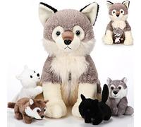 Honoson 5 Pièces Set de Loup en Peluche 35 cm Jouet de Maman Louve avec 4 Bébés Loups Mignons dans Son Ventre Zippé Animaux de Loup en Peluche pour Amoureux de Loups Fête Anniversaire (Mignon)