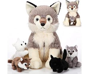 Honoson 5 Pièces Set de Loup en Peluche 35 cm Jouet de Maman Louve avec 4 Bébés Loups Mignons dans Son Ventre Zippé Animaux de Loup en Peluche pour Amoureux de Loups Fête Anniversaire (Mignon)