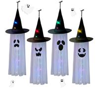 Honoson Lot de 4 fantômes d'Halloween lumineux de 101,6 cm - Décoration de fête - Chapeau de sorcière - Arbre à suspendre avec lumières LED colorées pour fête d'Halloween, extérieur, cour et intérieur