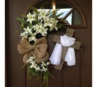 Honseadek Couronne de Pâques artificielle avec croix rustique Crème cm Plus guirlande artificielle pour maison, église ou décoration de fête, 35 lys de diamètre printemps (A)