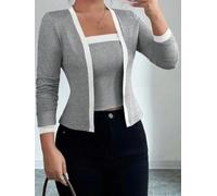 Honseadek Ensemble deux pièces cardigan en tricot patchwork avec débardeur | Couleur unie standard pour un ajustement en matière extensible - Style tendance pour l'automne et l'hiver - Vacances à la