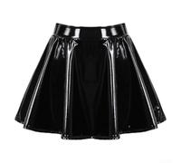 Honseadek Jupe de costumade pour femme, mini-jupe patineuse en cuir verni brillant, jupe patineuse plissée noire grande taille (4XL, noir)